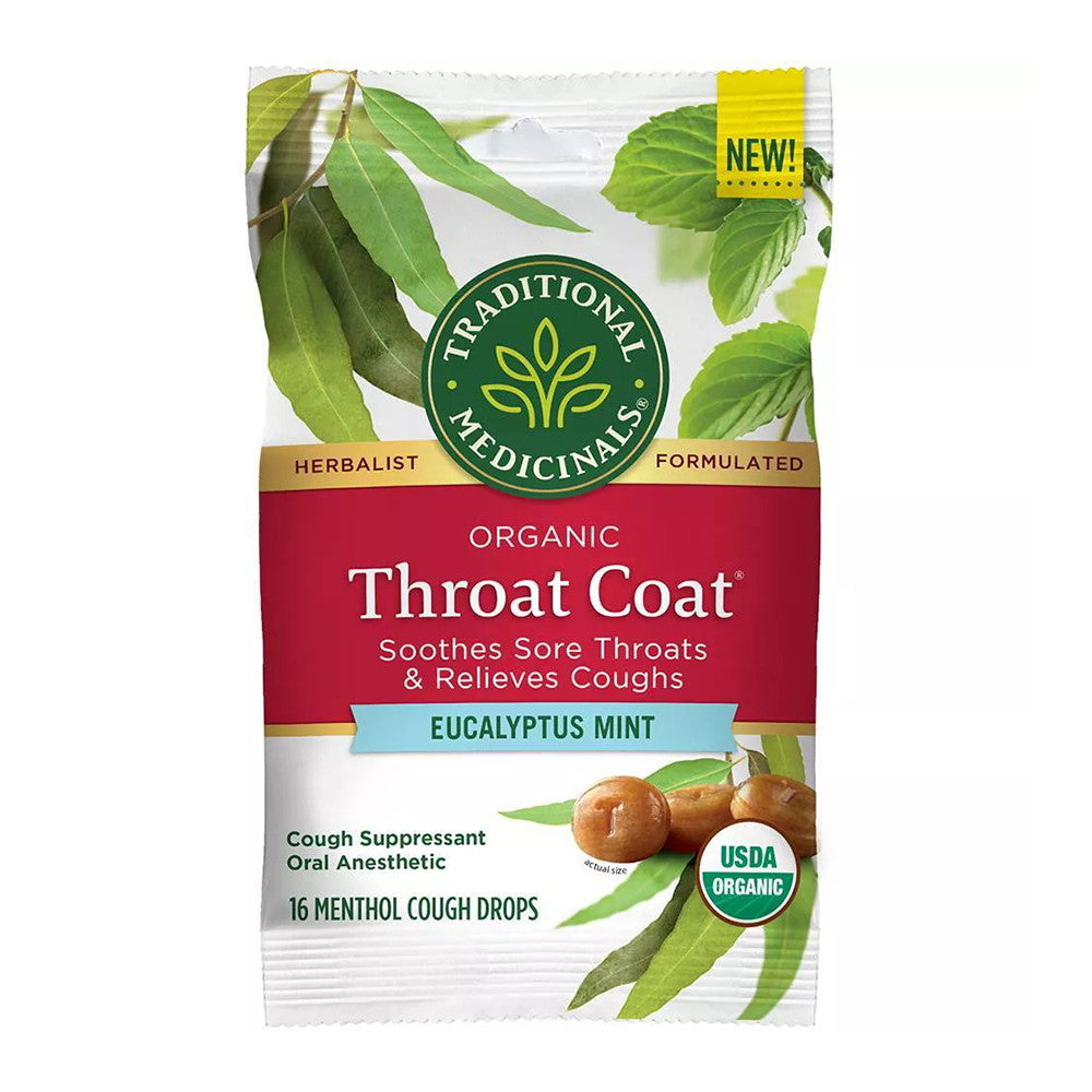 Traditional Medicinals Organic Throat Coat Cough Drops, Eucalyptus Mint with Menthol, 16 Ea